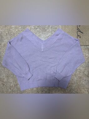 Zenana Outfitters Lavender V-Neck Waffle Knit Off Shoulder Sweater